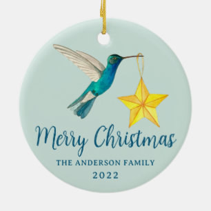Adorno De Cerámica Hummingbird y Star personalizado Feliz Navidad