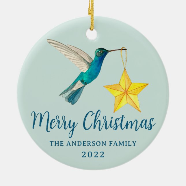 Adorno De Cerámica Hummingbird y Star personalizado Feliz Navidad (Atrás)