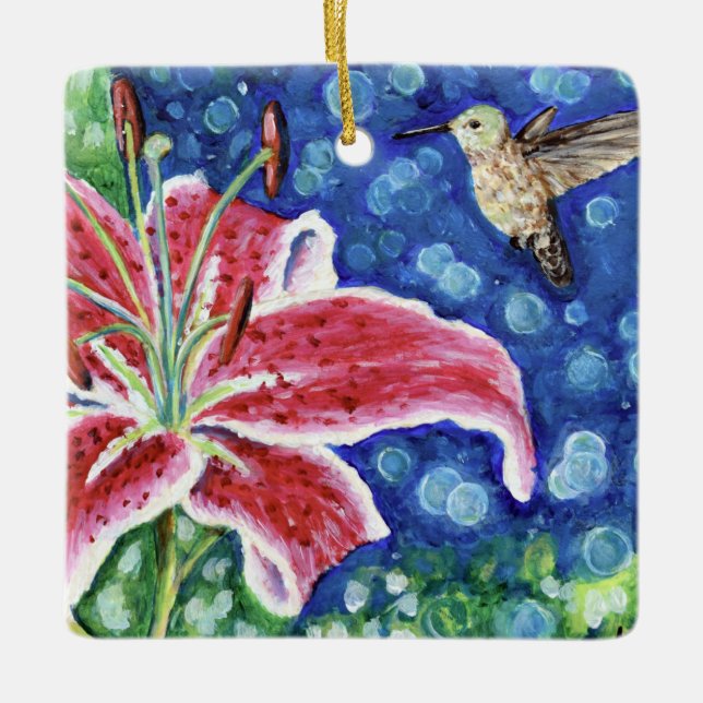 Adorno De Cerámica Hummingbird y Stargazer Lily Painting (Anverso)