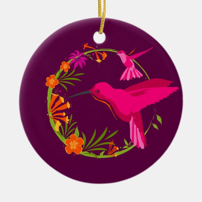 Adorno De Cerámica Hummingbirds moderno morado rosado personalizado (Frente)