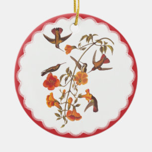 Adorno De Cerámica Hummingbirds vintage con trompeta de flores