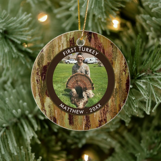 Adorno De Cerámica Hunter FIRST TURKEY Photo Brown Green Personalizad (Árbol)
