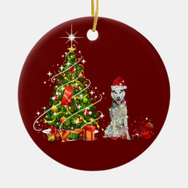 Adorno De Cerámica Husky con los Navidades Gorras Scaft (Frente)