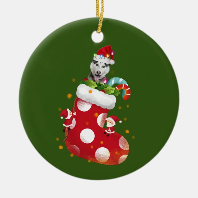 Adorno De Cerámica Husky con Navidades de Gorra (Frente)