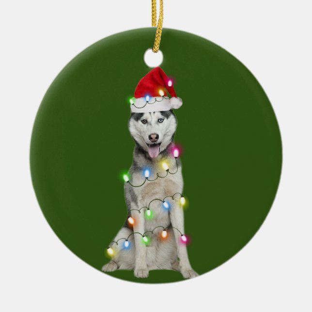 Adorno De Cerámica husky con Navidades Scafés Santa Hat Gift (Frente)