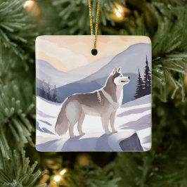 Adorno De Cerámica Husky de Alaska | Acuarela de Perro de Montaña