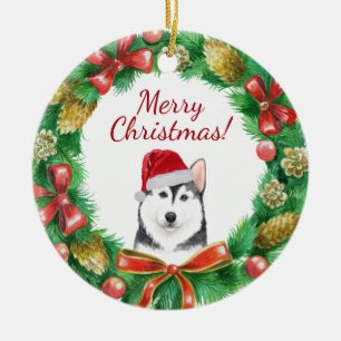 Adorno De Cerámica Husky Dog Merry christmas