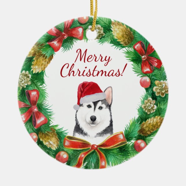 Adorno De Cerámica Husky Dog Merry christmas (Frente)