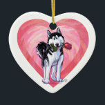 Adorno De Cerámica Husky El día de San Valentín<br><div class="desc">Desfile Animal Romántico Perro Husky Siberiano Personalizado Corazón y Amor regalos, tarjetas y accesorios traídos a usted por Imagine That! El diseño presenta nuestra divertida obra de arte de un Husky blanco y negro que sostiene en su boca a un rosa bonito con los corazones púrpura, rojo y rosado estratificados...</div>