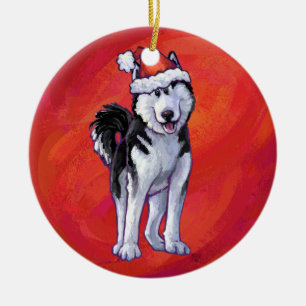 Adorno De Cerámica Husky en Santa Hat en rojo