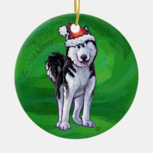 Adorno De Cerámica Husky festivo en Santa Hat en Green