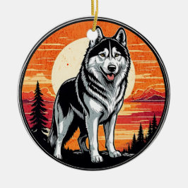 Adorno De Cerámica Husky Retro Sunset Dog Lover