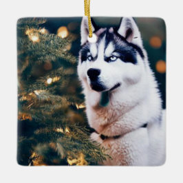 Adorno De Cerámica Husky siberiano bajo árbol de Navidad