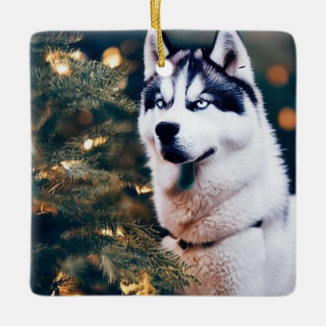 Adorno De Cerámica Husky siberiano bajo árbol de Navidad (Anverso)
