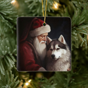 Adorno De Cerámica Husky Siberiano Con Navidades festivos de Santa Cl
