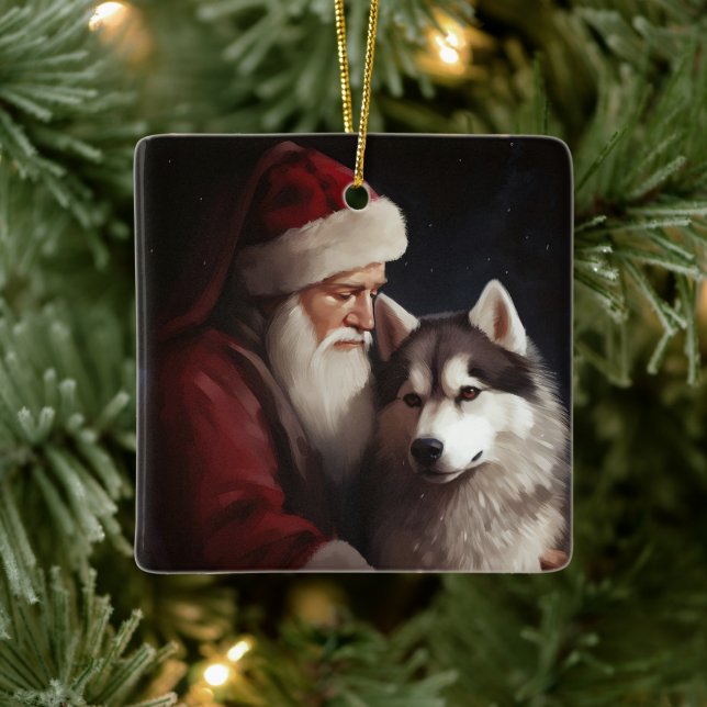 Adorno De Cerámica Husky Siberiano Con Navidades festivos de Santa Cl (Árbol)