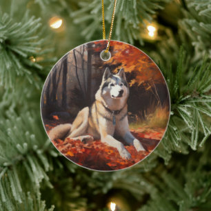 Adorno De Cerámica Husky siberiano en otoño inspira la caída de las h