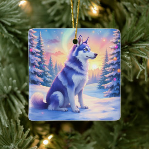 Adorno De Cerámica Husky Siberiano Luces del Norte Navidad Invierno