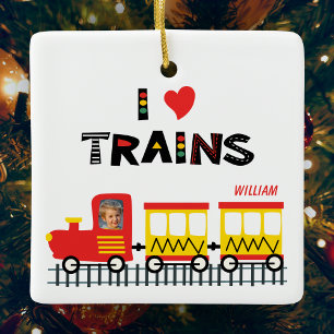Adorno De Cerámica I love Trains Kids Photo and Name Navidades