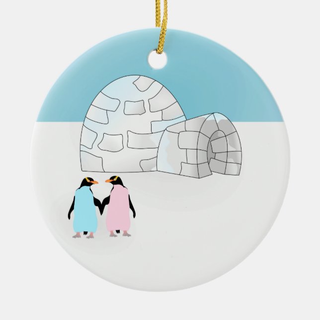 Adorno De Cerámica Igloo con pingüinos de colores (Frente)