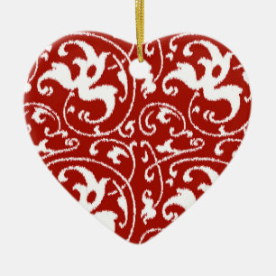 Adorno De Cerámica Ikat Floral Damask - Blanco y rojo oscuro