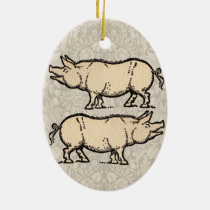 Adorno De Cerámica Ilustración antigua de cerdo Cerdito lindo vintage