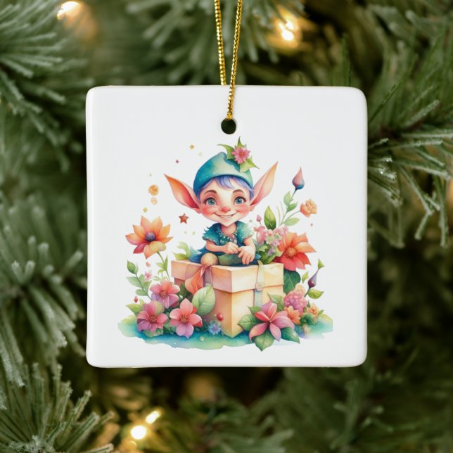Adorno De Cerámica Ilustracion de acuarela Elf Navidades personalizad (Árbol)