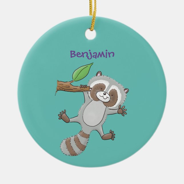 Adorno De Cerámica Ilustracion de bebé de raccoon feliz lindo (Frente)