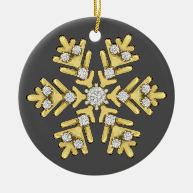 Adorno De Cerámica ilustracion de copos de nieve de diamante dorado (Frente)