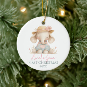 Adorno De Cerámica Ilustración de elefante lindo niña primer Navidad