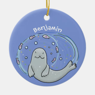 Adorno De Cerámica Ilustracion de foca feliz y personalizado azul de