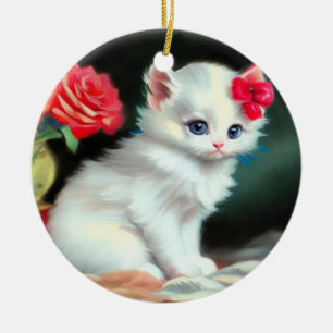 Adorno De Cerámica Ilustracion de gatito blanco con flores rojas
