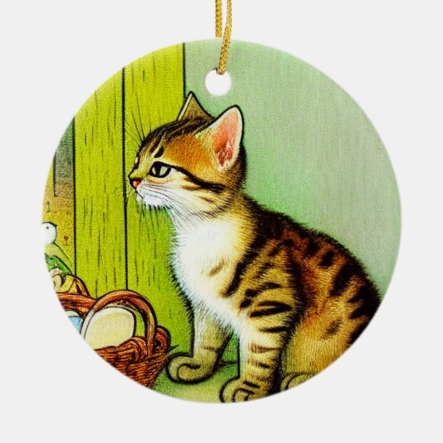 Adorno De Cerámica Ilustracion de gato de tabby de época (Frente)