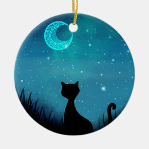 Adorno De Cerámica Ilustración de gato negro estrellado nombre noche