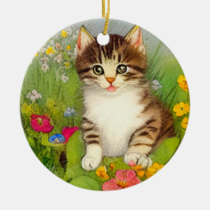 Adorno De Cerámica Ilustracion de gato sonriente vintage