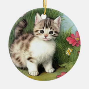 Adorno De Cerámica Ilustracion de gato vintage con flores rojas