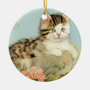 Adorno De Cerámica Ilustracion de gato vintage con flores rosas