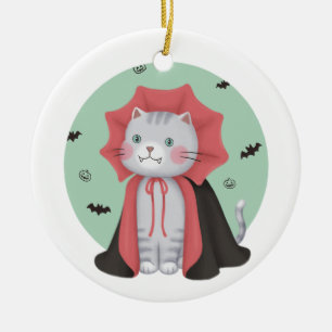 Adorno De Cerámica Ilustracion de Halloween: Gato de vampiro