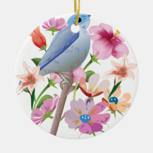 Adorno De Cerámica Ilustracion de las flores de primavera y pájaro