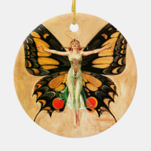Adorno De Cerámica Ilustración de Mujer Volando Mariposa Flapper