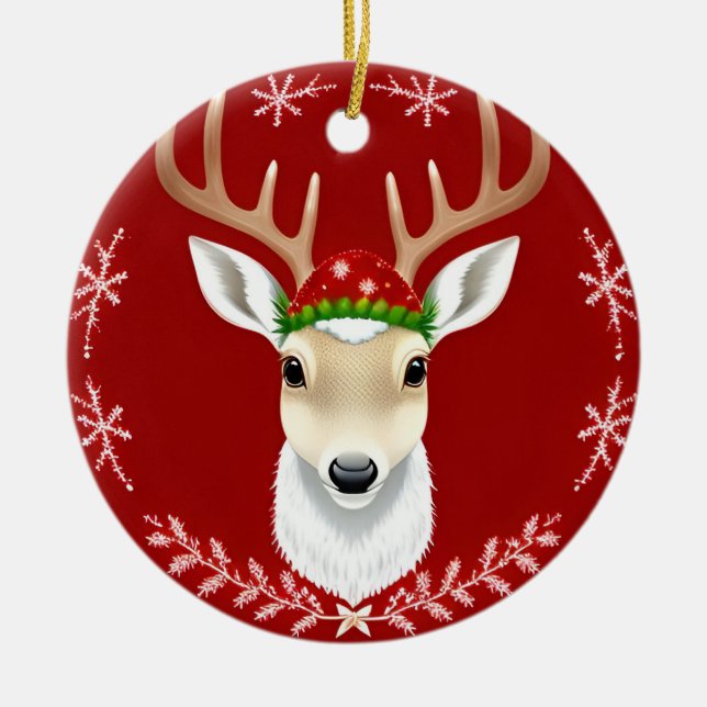 Adorno De Cerámica Ilustracion de renos festivos con fondo rojo (Frente)