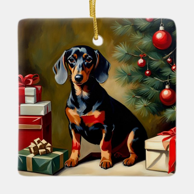 Adorno De Cerámica Ilustracion de vacaciones de Dachshund (Anverso)