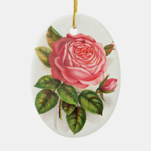 Adorno De Cerámica Ilustración floral de rosa rosa antigua Cottagecor