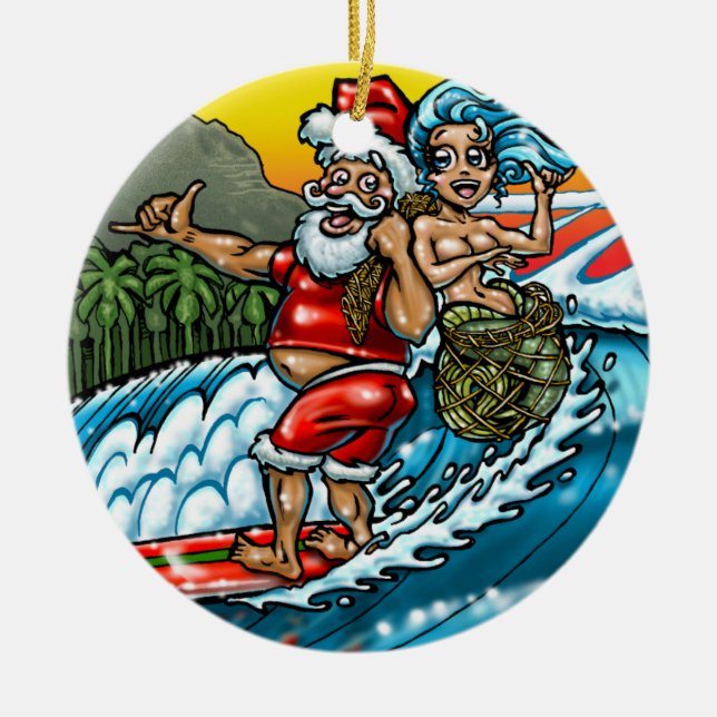 Adorno De Cerámica Ilustracion hawaiano de Santa del navidad que (Frente)
