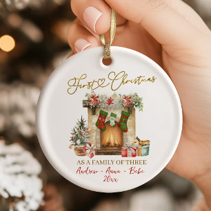 Adorno De Cerámica Ilustración Primera Navidad Familia de Tres