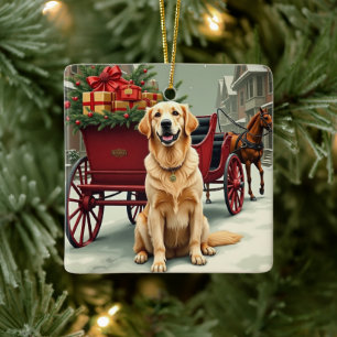 Adorno De Cerámica Ilustración vintage de Golden Retriever en carruaj