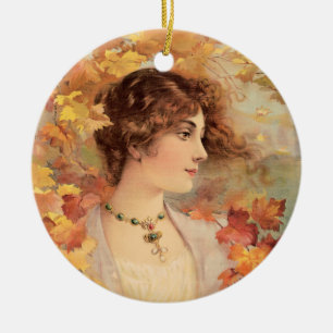 Adorno De Cerámica Impresión de Mujer de Otoño Art Nouveau con Follaj