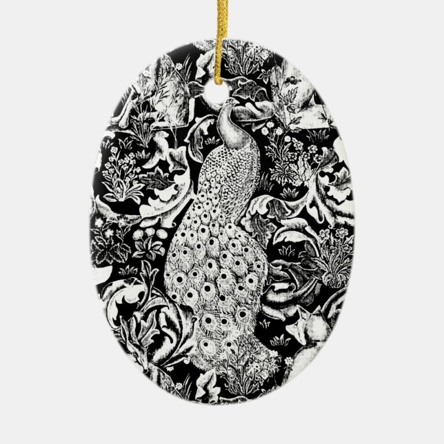 Adorno De Cerámica Impresión de pavo real Art Nouveau, negro y blanco (Frente)