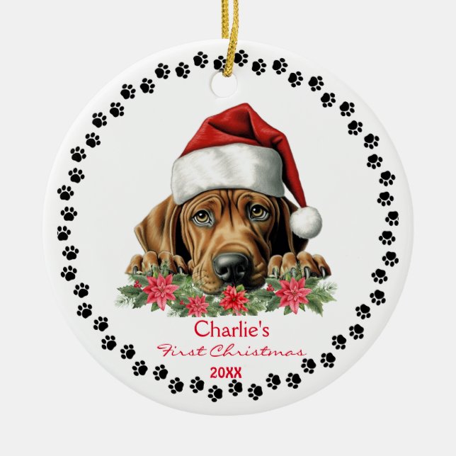 Adorno De Cerámica Impresión de rayas rodesianas de perro Santa Hat P (Frente)