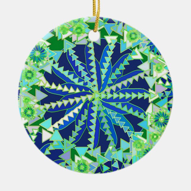 Adorno De Cerámica Impresión tribal de manala, azul cobalto y verde (Frente)